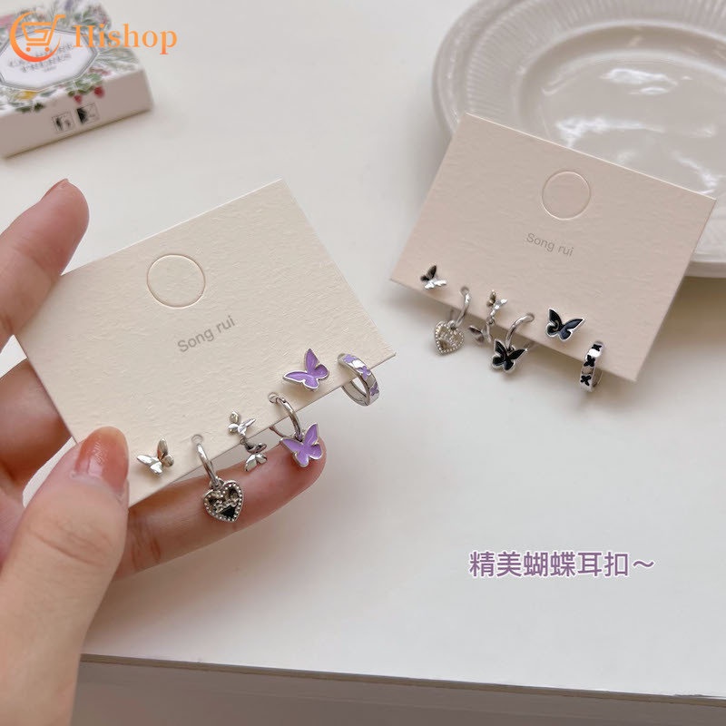 Set Anting Hoop Desain Kupu-Kupu Tulip Bahan Resin S925 Silver Warna Ungu Untuk Wanita