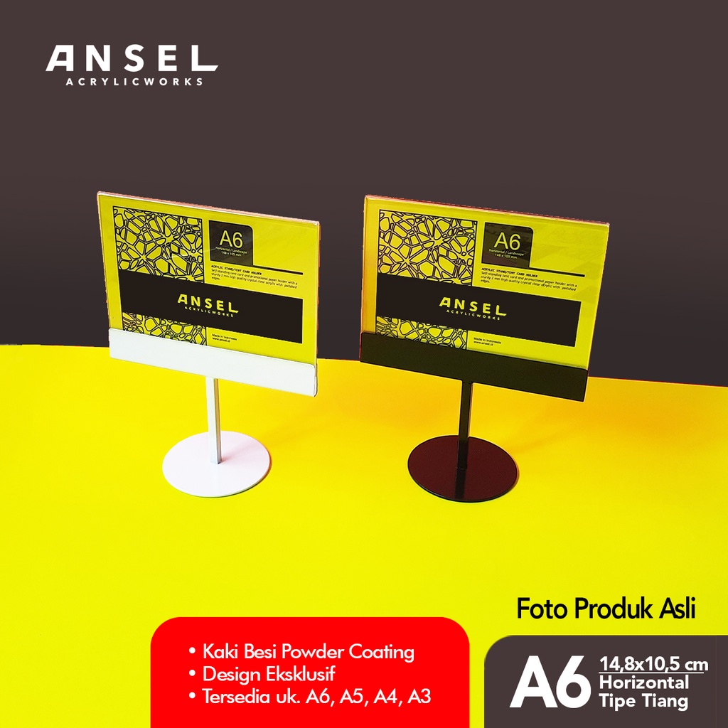 

ANSEL NORE - Tent Card Akrilik Besi / Tiang A6 Horizontal 14,8x10,5 cm [Stand Akrilik Acrylic, Display Menu, Brosur, Tent Holder, Nomor Meja dll]