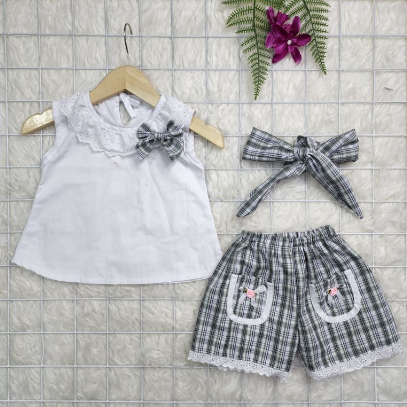 Baju bayi perempuan Stelab celana kotak+bandana baby