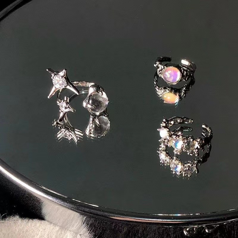 3pcs / Set Cincin Silver Model Terbuka Hias Kristal Opal Untuk Wanita