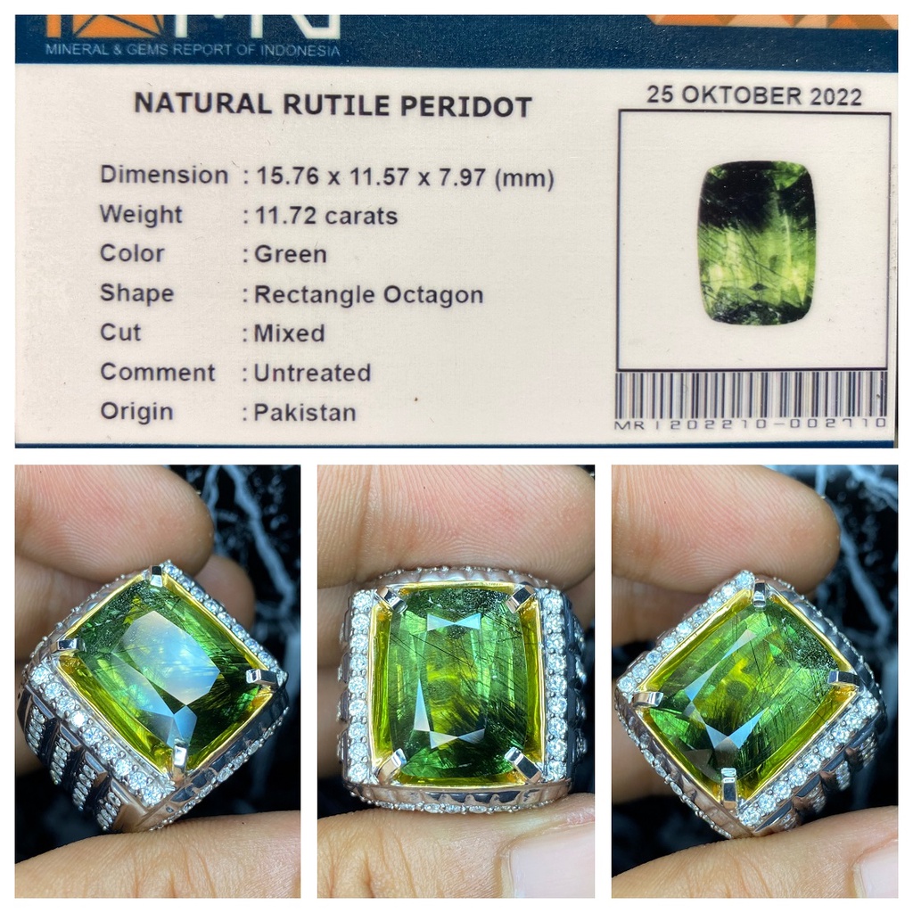 Natural 11.72ct Batu Green Rutilated Peridot Pakistan Cincin Perak