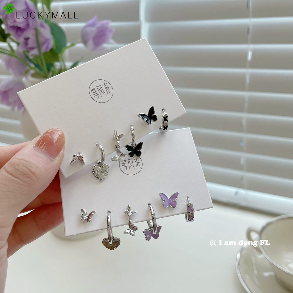 Anting Hoop S925 Silver Bentuk Kupu-Kupu Tulip Bahan Resin Warna Ungu Untuk Wanita