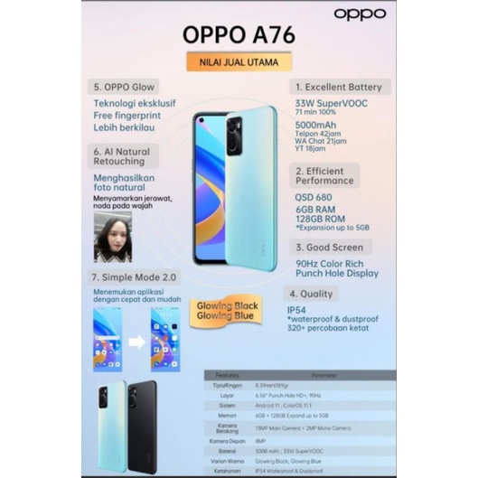 OPPO A76 Ram 6+5gb expansion 128gb