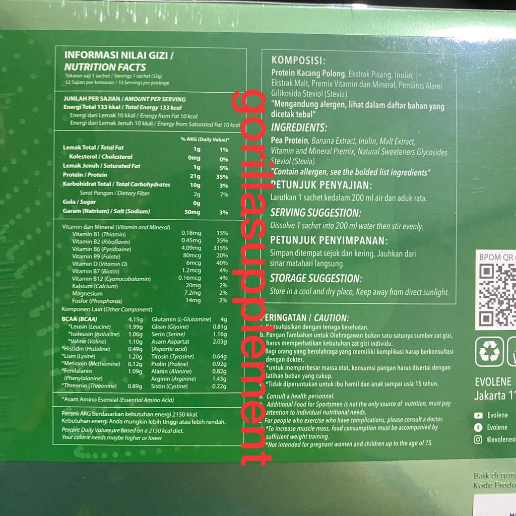EVOLENE EVOGREEN 1 Box Isi 12 Sachet 384 Gram VEGAN PROTEIN Plant Based VEGETARIAN