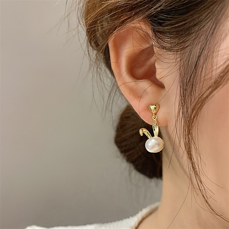 Anting Stud Desain Kelinci Aksen Mutiara Bahan S925 Silver Untuk Wanita