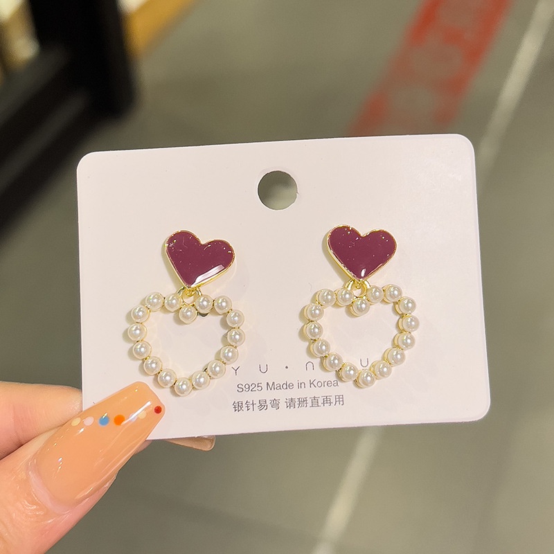 YEEZII Anting Tusuk Gantung Desain Hati Hollow Hias Mutiara Untuk Wanita