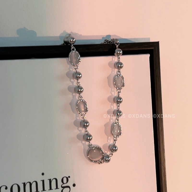 YEEZII Kalung Choker Rantai Klavikula Hias Manik-Manik Permata Warna Silver Untuk Wanita