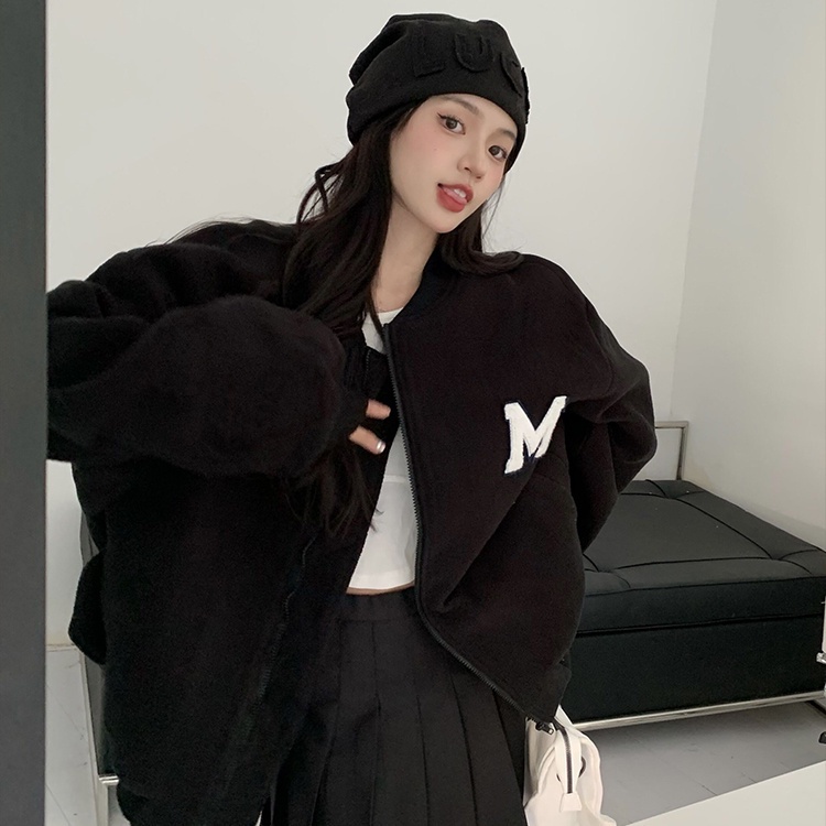 Red American letter bordir bisbol seragam kardigan sweater wanita musim gugur dan musim dingin plus beludru menebal kuliah gaya longgar ceruk atas tren