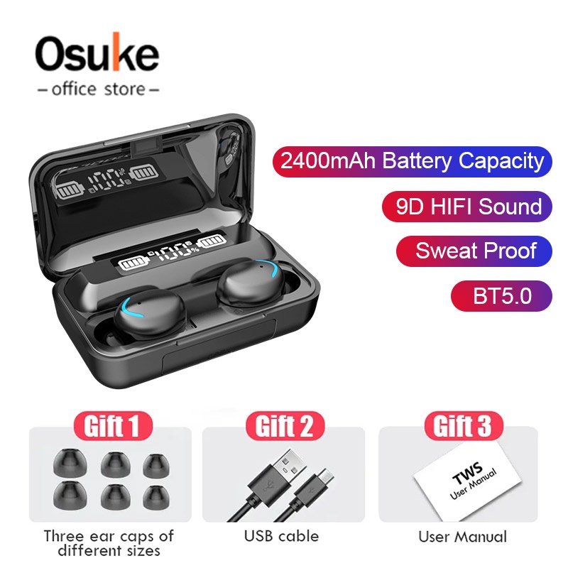 TWS F9 Headset Bluetooth 5.0 9D HIFI Full Bass Stereo Noise Reduction Wireless Earphone With Mic 3000 Power Bank