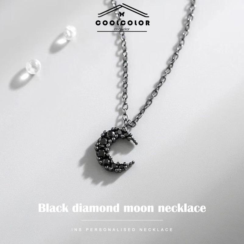 COD❤️Kalung Liontin Korea Bulan Berlian Hitam Kalung  Rantai Tulang Selangka Untuk Wanita- cl
