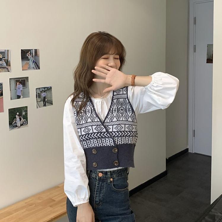 Siap Kirim Korea Tanpa lengan longgar v-neck Rompi Keausan luar sweater rajutan rompi Wanita