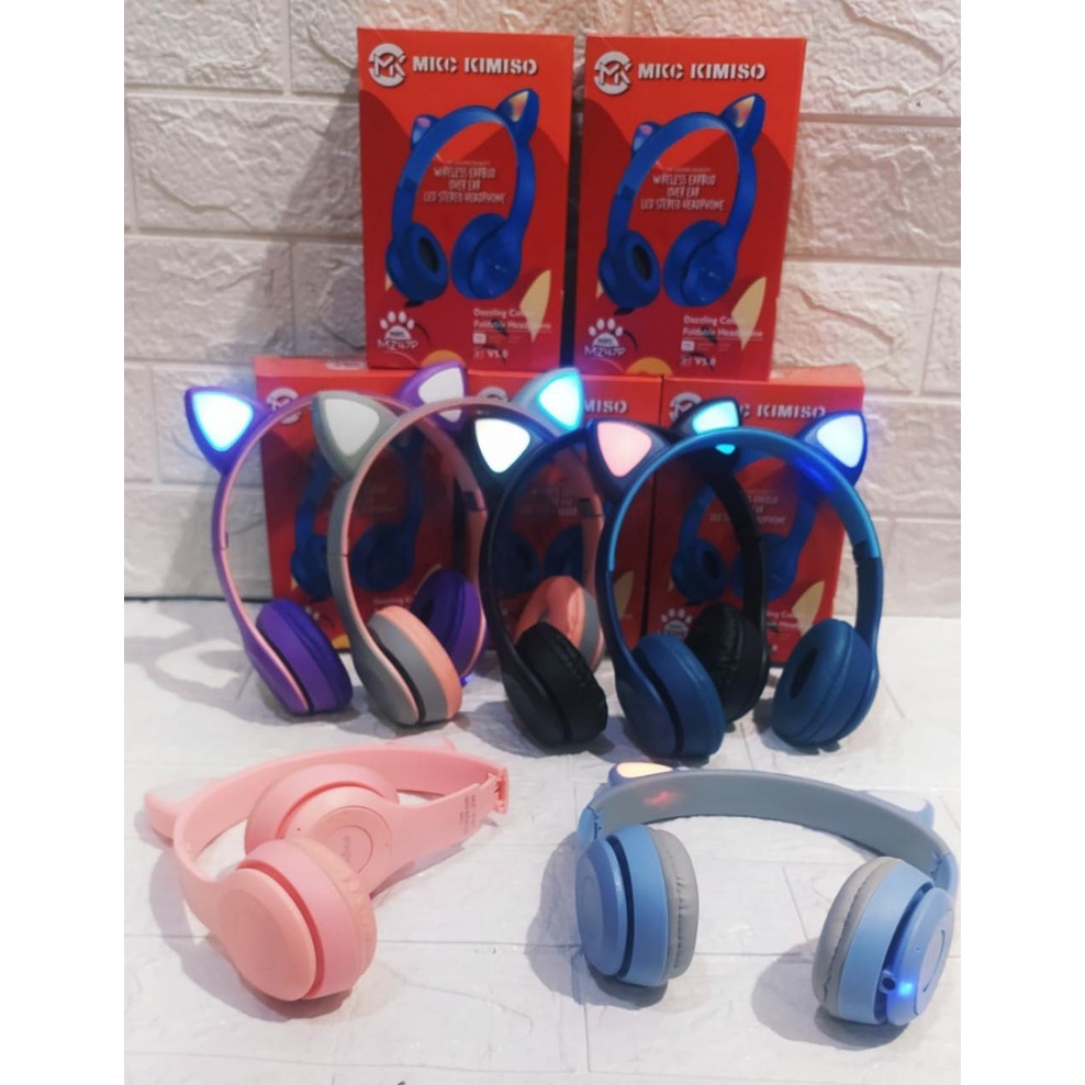 BRY11 / / P47M Headset Nirkabel Telinga Kucing LED Earphone Macaron Animasi Plungdapat Dilipat