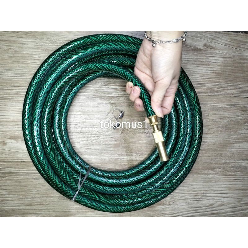 PAKET SELANG AIR BENANG HIJAU ANTI LUMUT1/2&quot;- 5/8&quot; INCHI + SEMPROTAN AIR LURUS KUNINGAN BONUS KLEM 2 PCS GARDENHOSE/SELANG