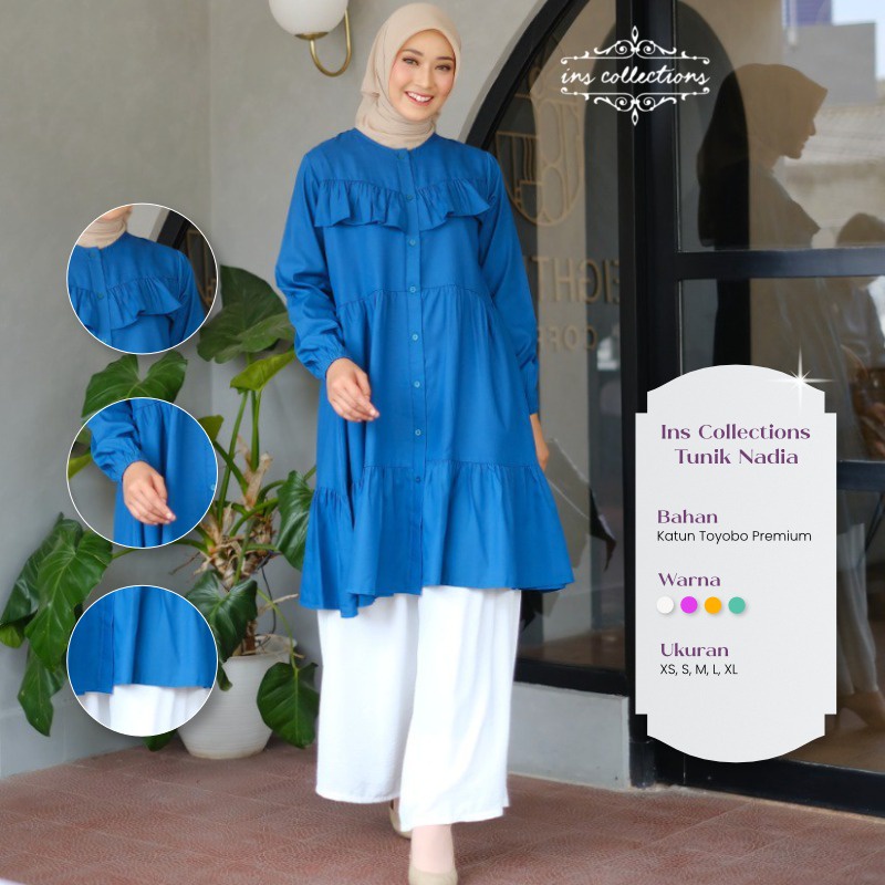 Ins Collections Tunik Nadia Baju Atasan Muslim Wanita Casual Bahan Katun Toyobo Premium Warna Hitam 