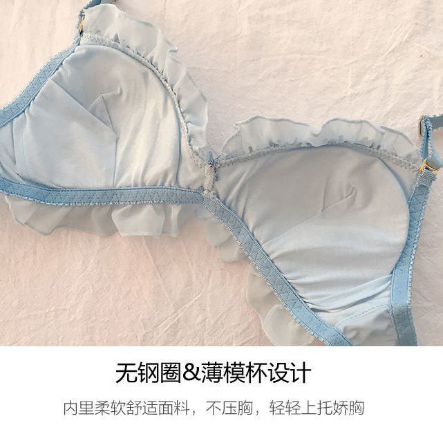 Bra cincin non-baja gadis Jepang baru set pakaian dalam sifon mesh set silky mesh bordir bra kecil