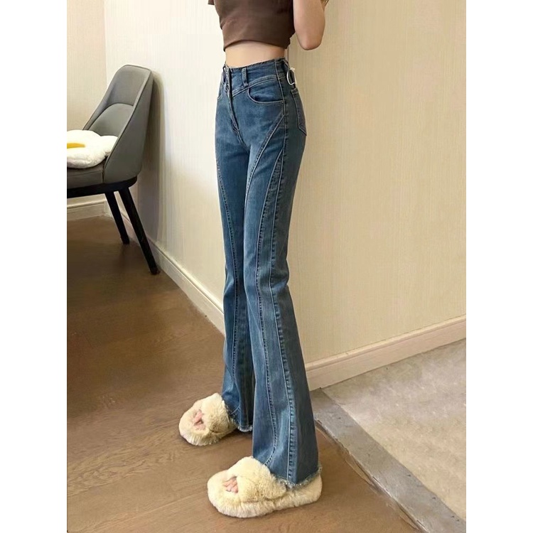 Suhao retro celana jeans berpinggang tinggi biru wanita awal musim gugur versi Korea baru dari semua pertandingan elastis slim slim hot girl micro-flared pants