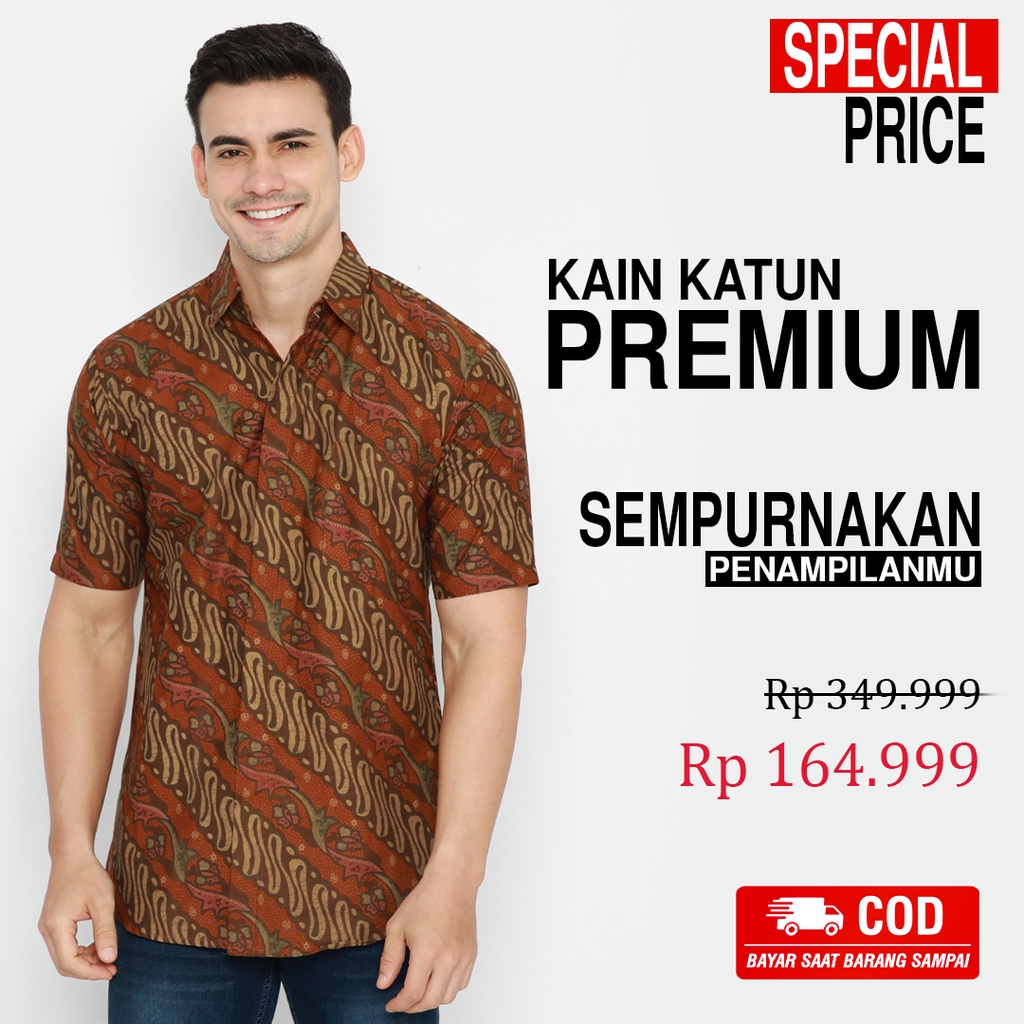 KEMEJA BATIK PRIA Lengan Pendek Premium Motif Parang Warna Orange 729642 Cap 72 - Baju Kemeja Atasan Pakaian Setelan Batik Pria Cowok Laki Laki Remaja Keluarga Kantor Lengan Pendek Modern Slimfit Slim Fit Premium Kekinian
