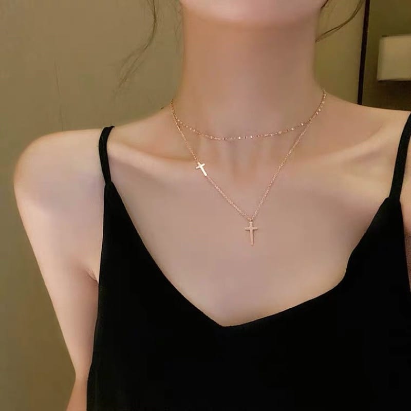 Kalung Titanium 2 Layers Salib Fashion Mewah