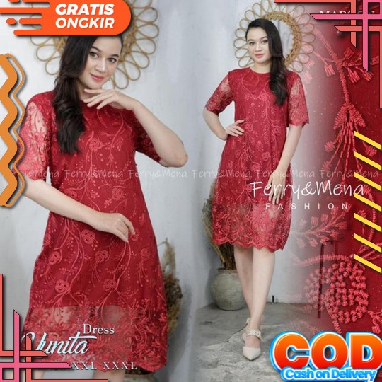 Baju Dress Brukat Wanita Remaja Pesta Natal Mewah Terbaru 2022 Midi Dress Elegant Lengan Pendek Mode