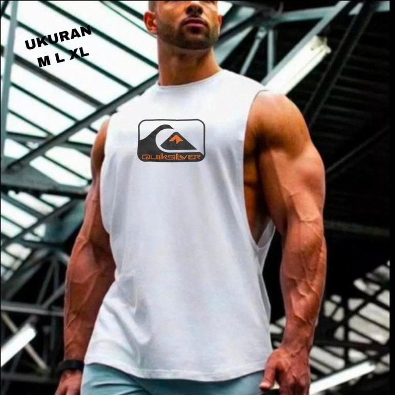 KAOS MUSCLE QUIKSILVER PUTIH LOGO HITAM KAOS GYM KAOS OLAHRAGA