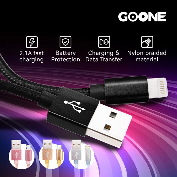 GOONE Kabel Charger Micro USB Type C Lighning 3A Fast Charging 1.2M Nylon Braided Cable