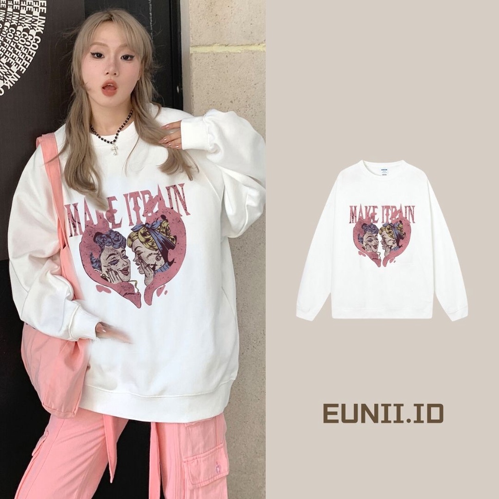 EUNII Sweater Lengan Panjang Retro Love Korean Style/Hoodie Oversize/Baju Wanita/Switer Wanita