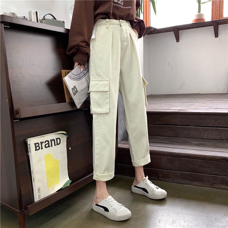 Import Highwaist Loose Boyfriend Cargo Jeans / Cargo Jeans Krem / Hitam