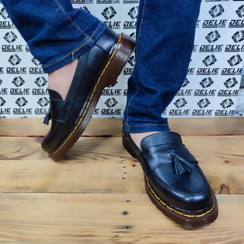 Sepatu delie Loafer kulit asli pria terbaru Penny Loafers Slip On Hitam