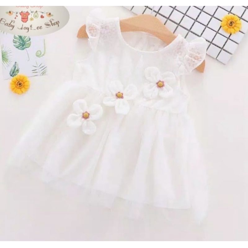 KADO DRESS GAUN PESTA BAYI BALITA KOREA KEMBANG PUTIH BUNGA LENGAN PENDEK IMLEK NATAL MURAH