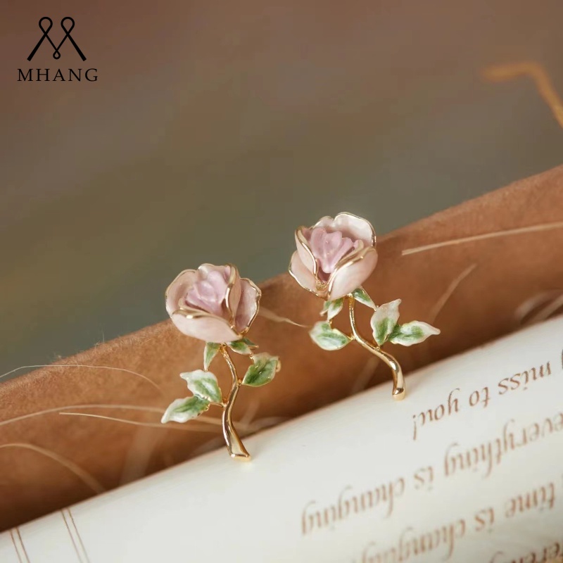 Anting S925 Silver Needle Bentuk Bunga Mawar Warna Pink Untuk Wanita