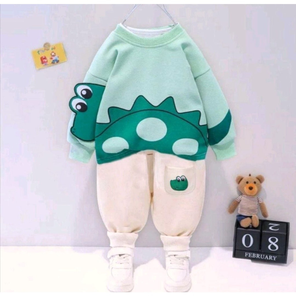 PROMO-SETELAN SWEATER ANAK LAKI-LAKI DAN PEREMPUAN 1-5 TAHUN SETELAN SWEATER ANAK STEGAUSAURUS TERBARU