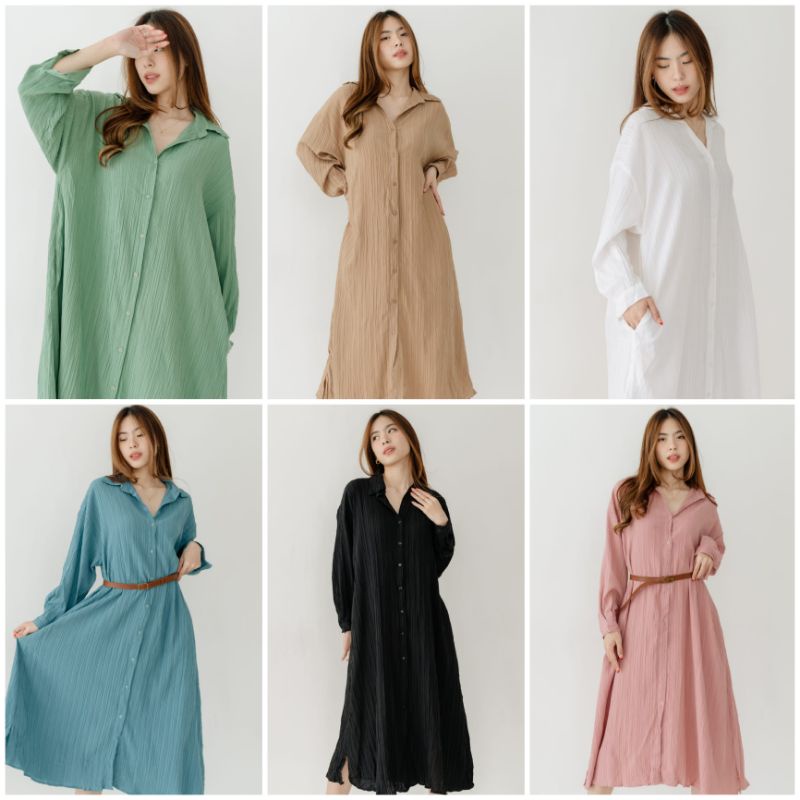 ♡ PREMIUM ♡ ORIGINAL !  MAHEERA BIG SIZE JUMBO PLEATED CRINKLE COLLAR BUTTON LONG SLEEVE MIDI LOOSE DRESS WITH BELT ( BUSUI , HIJAB &amp; BUMIL FRIENDLY )