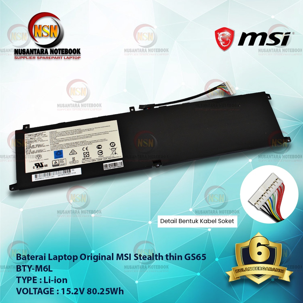Baterai Original Laptop For MSI Stealth Pro GS65 BTY-M6L 15.2V 80.25Wh