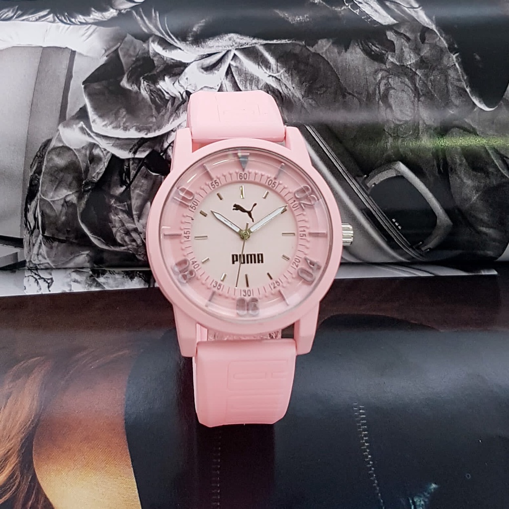 COD Jam Tangan Wanita Puma-12111 Tali Karet Body Bulat Knop Gerigi Box Kancing