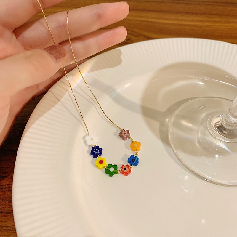 We Flower Kalung Rantai Manik-Manik Bunga Warna Pelangi Gaya Korea Untuk Wanita