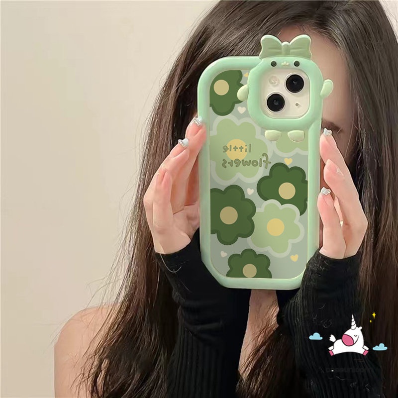 Case Realme C21Y C33 C25Y C11 C15 C30 C25 C25s C35 C31 8 8i 7 9 8pro 9pro+C21 C2 C1 C3 C17 5 6i 9i 5s 5 7i Ins Bunga Hijau Kartun 3D Busur Monster Kecil Lensa Soft Cover