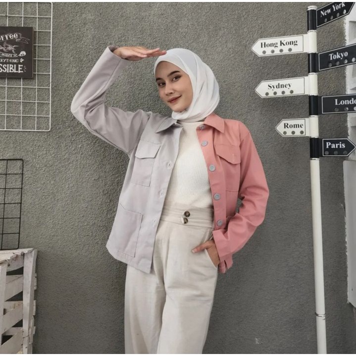 DUSTY MISTY Jacket Outer Kemeja Pocket Wanita Oversize Atasan Kekinian Mix Warna Kasual Style Kekinian