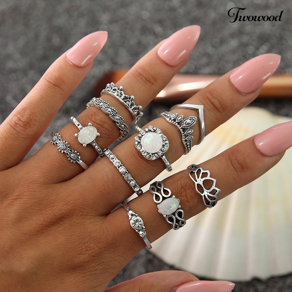 Set 11Pcs Cincin Knuckle Stacking Hias Opal Berlian Imitasi Untuk Wanita