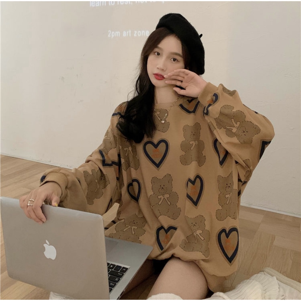 LOVE BEAR FULL PRINT SWEATER WANITA | CREWNECK SWEATER OVERSIZE WANITA KOREAN STYLE