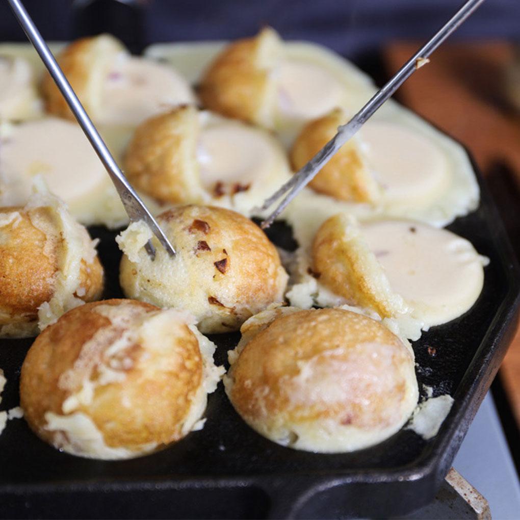 Wajan Takoyaki 12rongga Bola Kecil Kokoh Barbecue Plate Panjang Anti Lengket Handheld Alat Masak Rumah Restoran