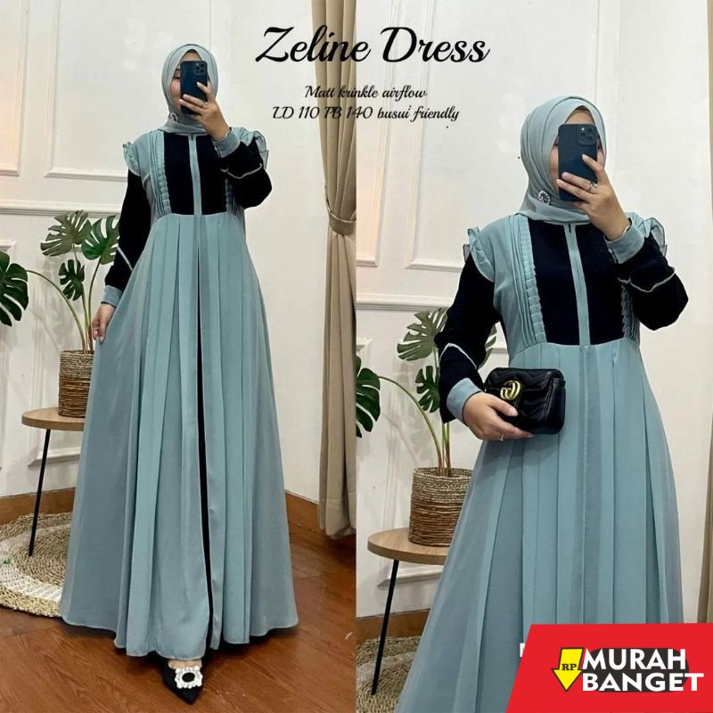 model gamis kombinasi polos terbaru 2022 Zeline dress gamis crinkle airflow label