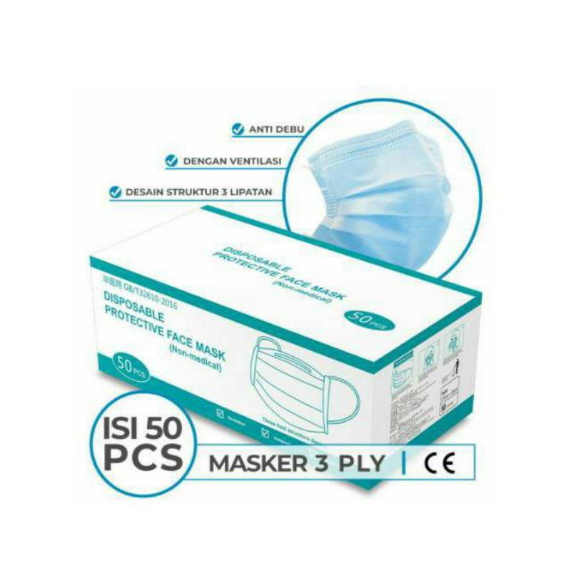 Isi 50 PCS / Disposal Protective Mask Earloop 3 PLY / Masker Pelindung / Masker 3 PLY