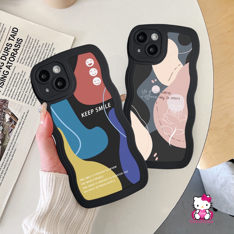 Bunga Soft Case Realme C53 C35 C25Y C15 C11 2020 C25s C25 C21Y 6i 5i C3 C20 C20A C11 2021 5s 5 C2 C1 C12 C20A Abstrak Art Moranti Jahitan Bergelombang Tepi Smiley Hitam Phone Cover