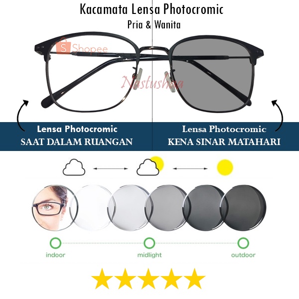 Kacamata Anti Sinar UV Photocromic Wanita Pria Cowok Retro Besi Frame Kacamata Potocromic Lensa Berubah Warna NO CASE