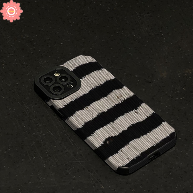 Soft Case Silikon Tekstur Kulit Garis Hitam Putih Tahan Banting Untuk iPhone 11 14 13 12 Pro Max 7Plus XR X XS Max 7 8 Plus