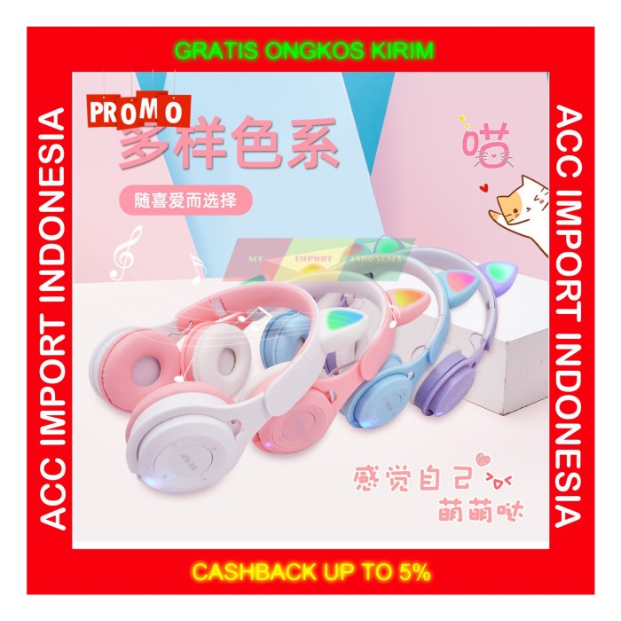 Headphone Headphone Bluetooth Anak Perempuan Headset Cat Ear Kucing Pink Lucu
