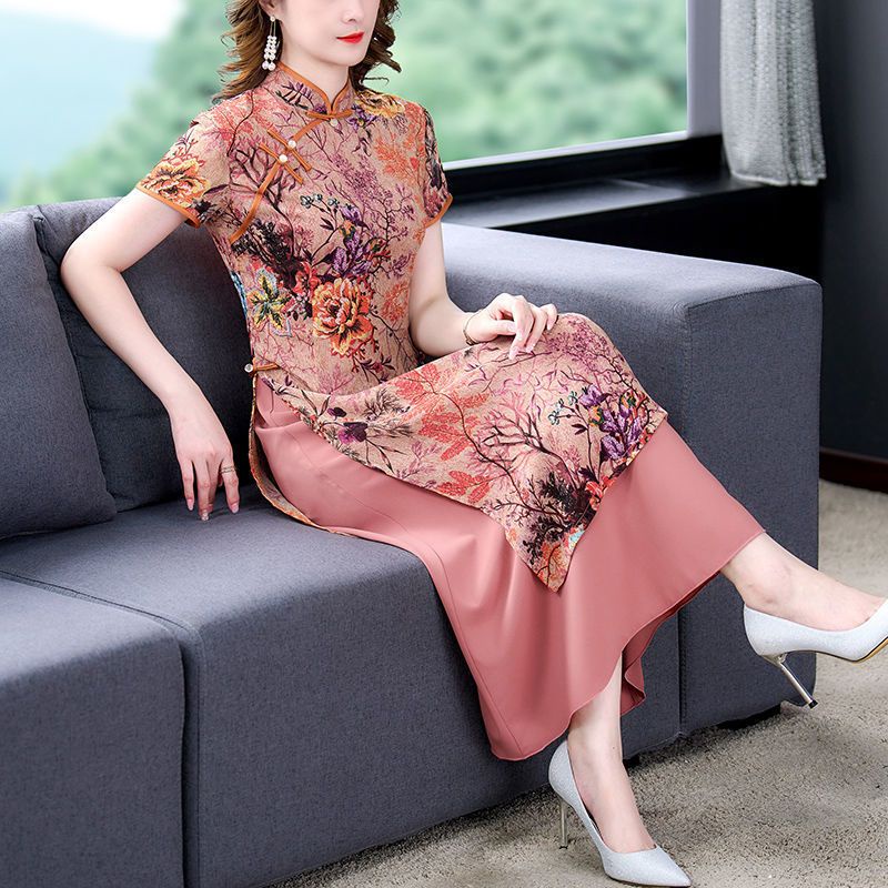 Cheongsam Dress Gaun Wanita Motif Bunga Dua Warna Maxi Dress