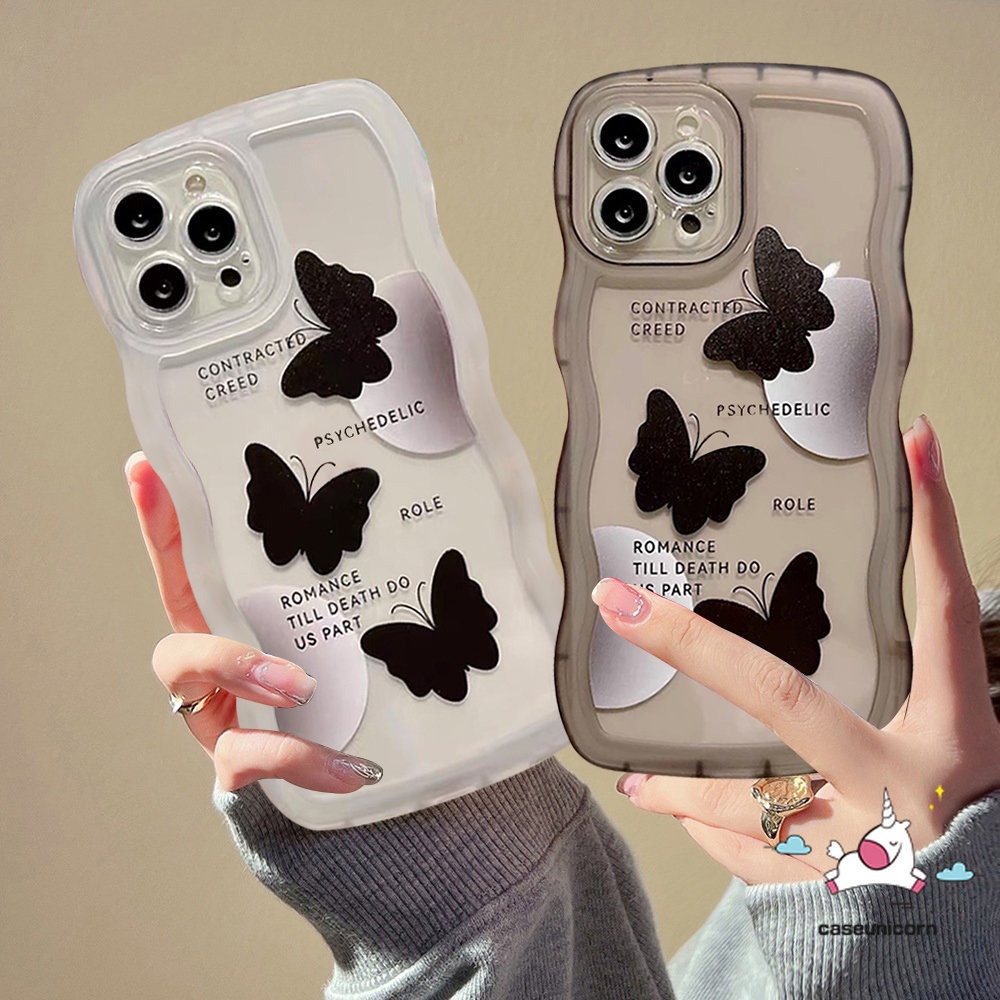 Casing Oppo A15 A57 A78 A17 A55 A16 A58 A17K A74 A54 A96 A95 A16K A1k A77s A3s A72 A5 A9 A76 A12E A77 A12 A7 A16s A5s Reno8 8T 7Z 8Z 7 6 A53 Wavy Edge Black Butterfly Sarung Soft Case