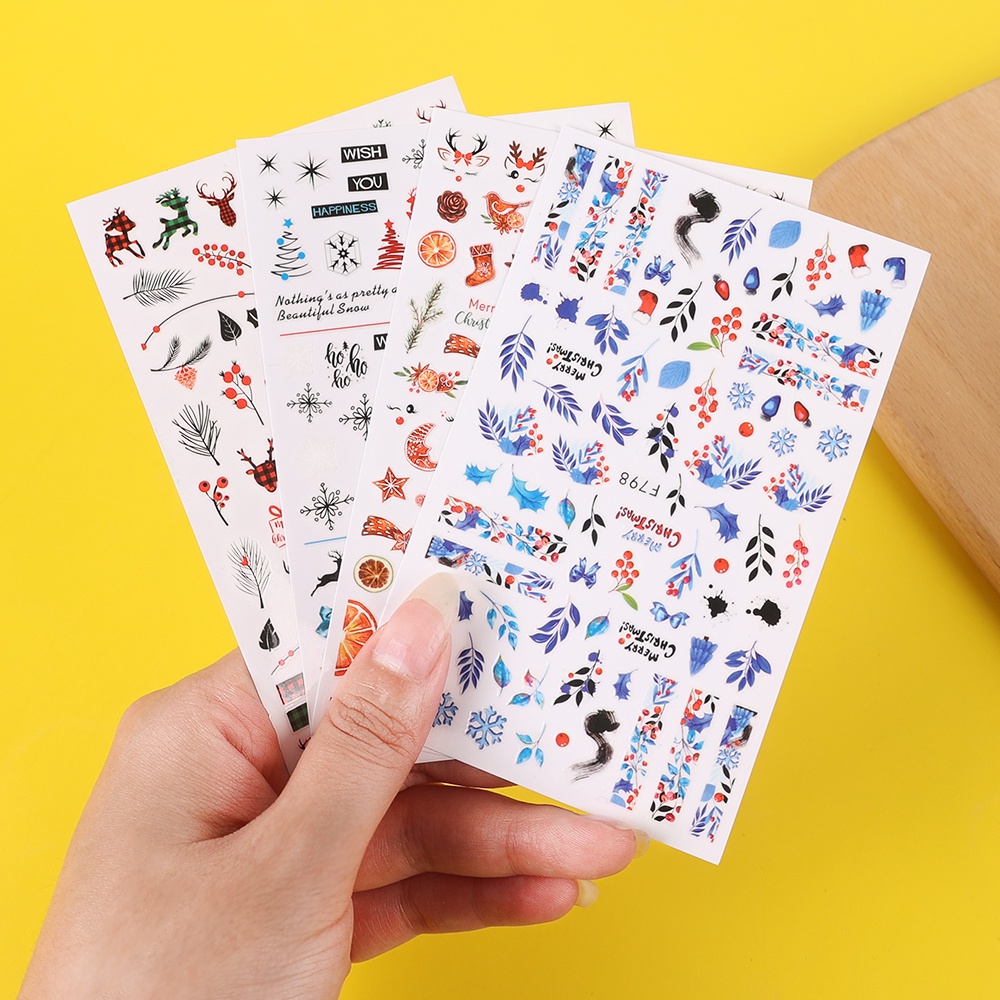 Stiker Kuku 3D Desain Snowman Santa Claus Forest Deer Warna Emas Untuk Dekorasi Natal