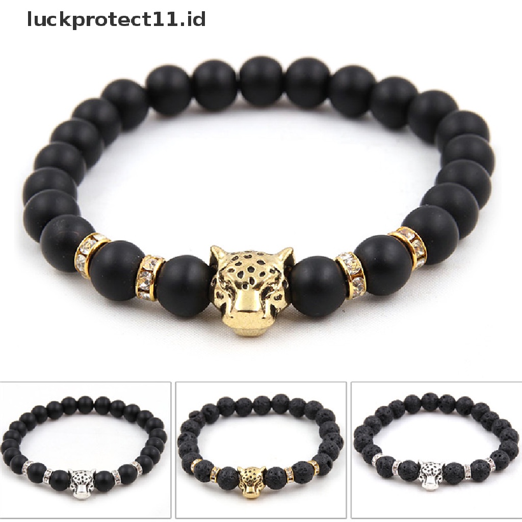 Gelang Manik-Manik Batu Alam Handmade Desain Kepala Leopard Untuk Pria